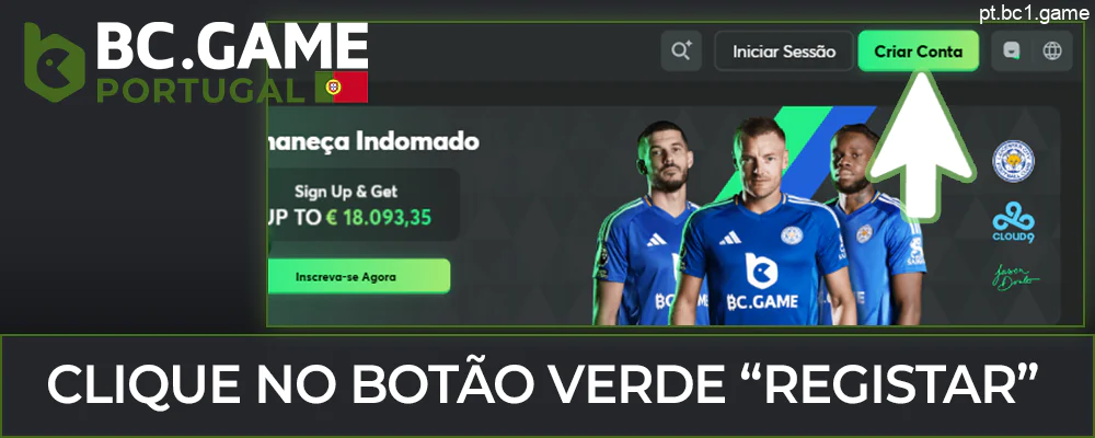 Clique no botão verde “Registar” no sítio Web BC.Game