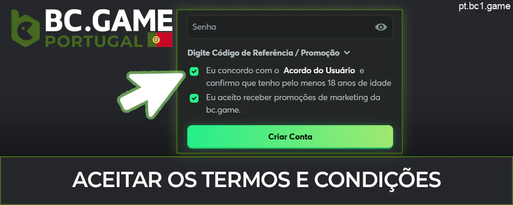 Aceitar os termos e condições do sítio Web BC.Game