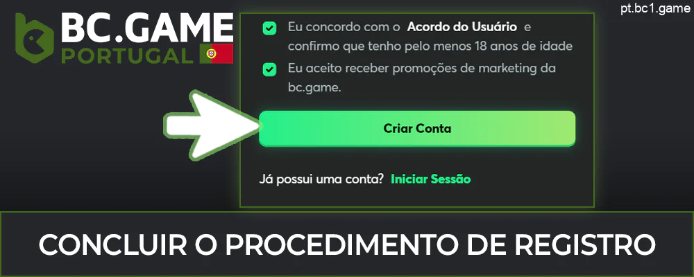 Clique no botão verde “Registar” na parte inferior do formulário de registo BC.Game