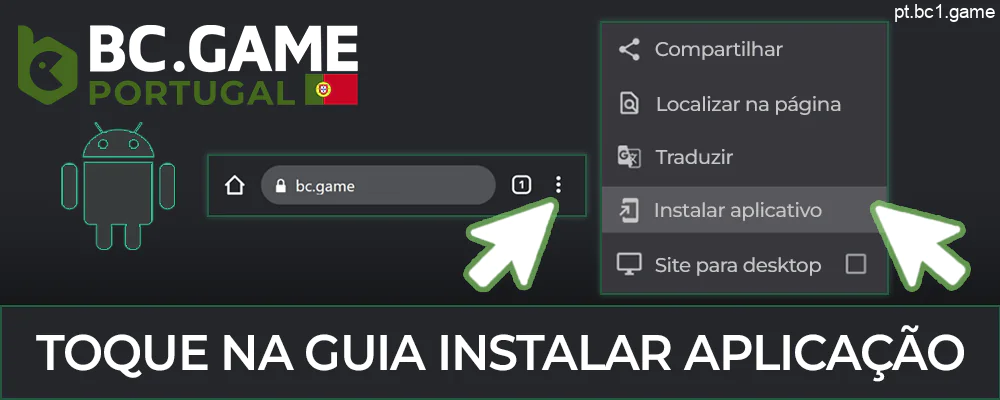 Para descarregar o BC.Game, clique nos três pontos no menu do seu browser