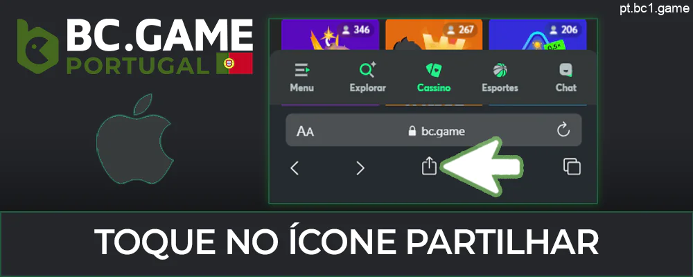 Clique no botão de partilha para descarregar a aplicação BC.Game