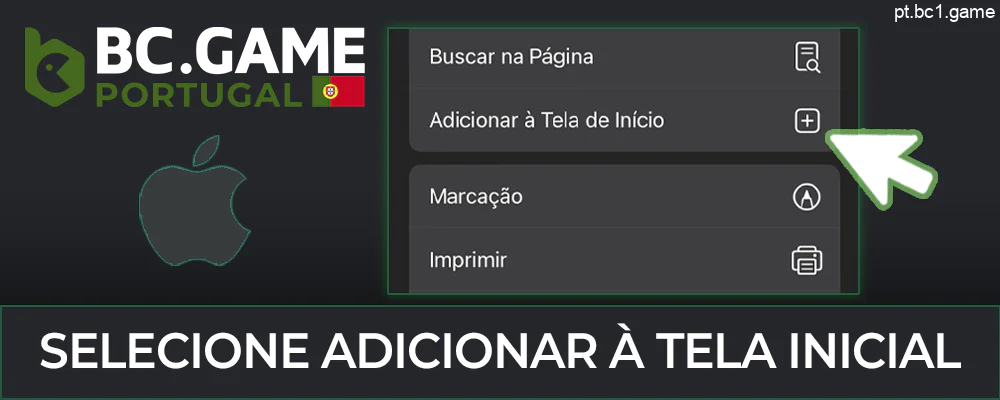 Selecione “Adicionar ao ecrã inicial” para adicionar um atalho para BC.Game