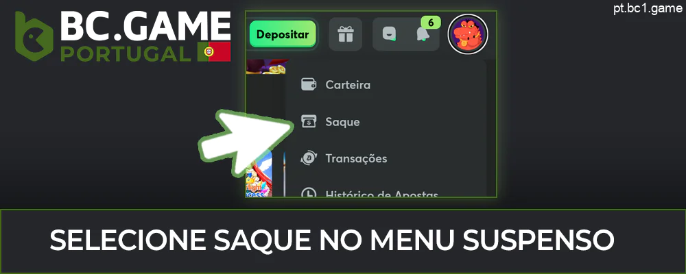 Selecionar o item “Levantamento de fundos” no menu BC.Game