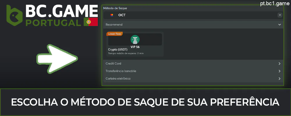 Escolher um sistema de pagamento para levantar dinheiro da BC.Game