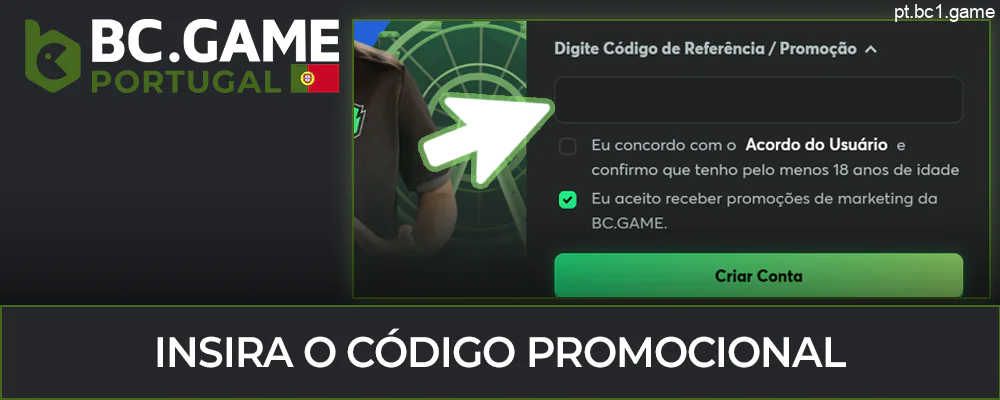 Introduzir o código promocional ao registar uma conta em BC.Game