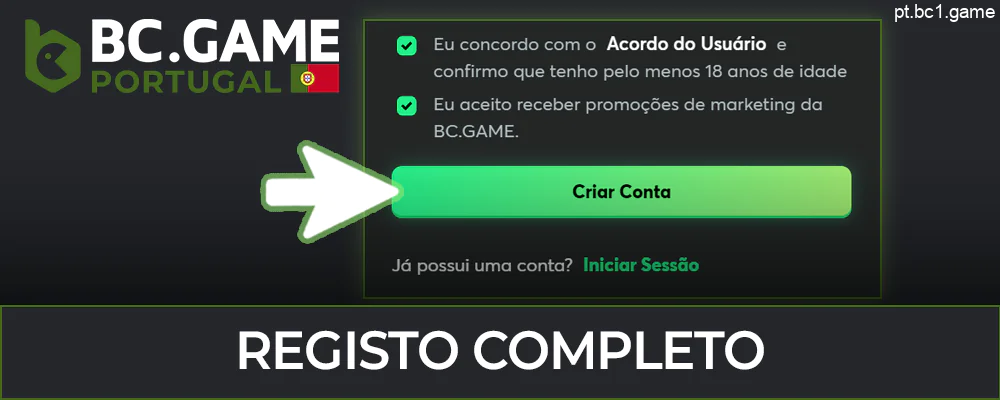 Confirmar o registo em BC.Game